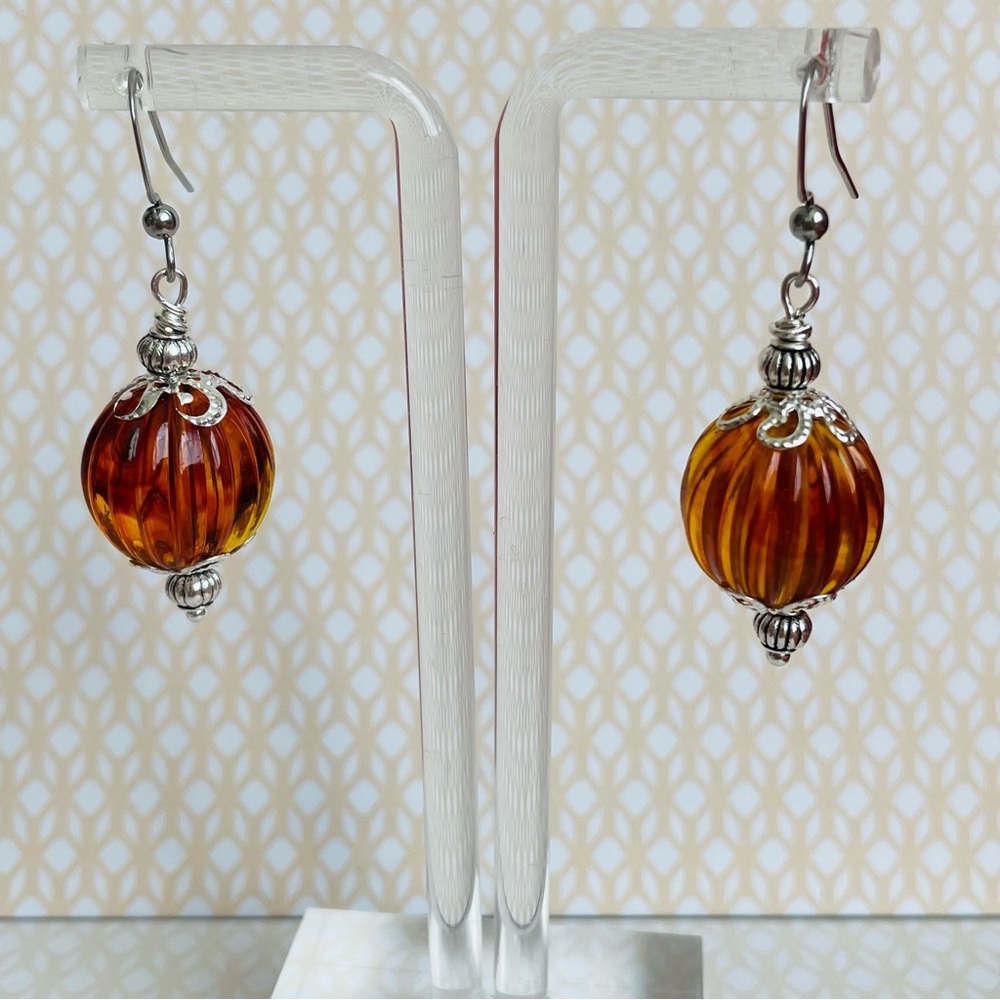 Amber Color Lucite Bead Dangle Pierced Earrings